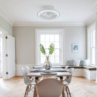 20" Ikon White Modern DC Motor Flush Mount Reversible Ceiling Fan with LED Lighting and Remote Control