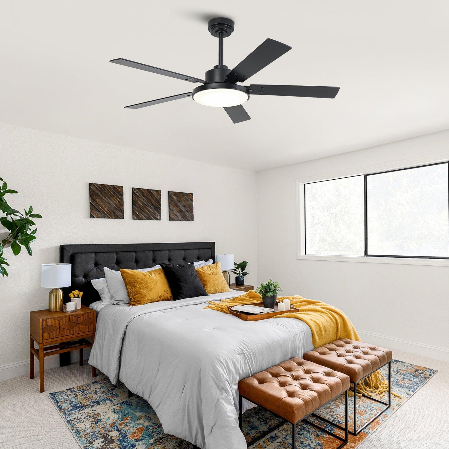 Vaczon 52 Inch 5 Blades DC Motor Modern Downrod Ceiling Fan with LED Light and Remote Control