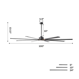 84" 100" Black HVLS Fan LED Large Ceiling Fan with Remote Control