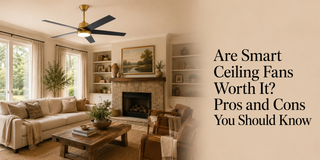 Modern ceiling fan with dark blades and gold hardware in a living room.