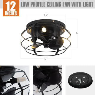 12" Mini Black Flush Mount Energy-Efficient Low Noise Design Low Profile Ceiling Fan with Light and Remote Control - Vaczon
