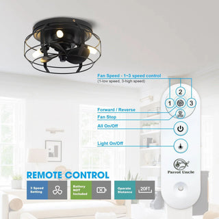12" Mini Black Flush Mount Energy-Efficient Low Noise Design Low Profile Ceiling Fan with Light and Remote Control - Vaczon