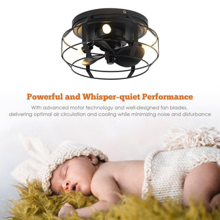 12" Mini Black Flush Mount Energy-Efficient Low Noise Design Low Profile Ceiling Fan with Light and Remote Control - Vaczon