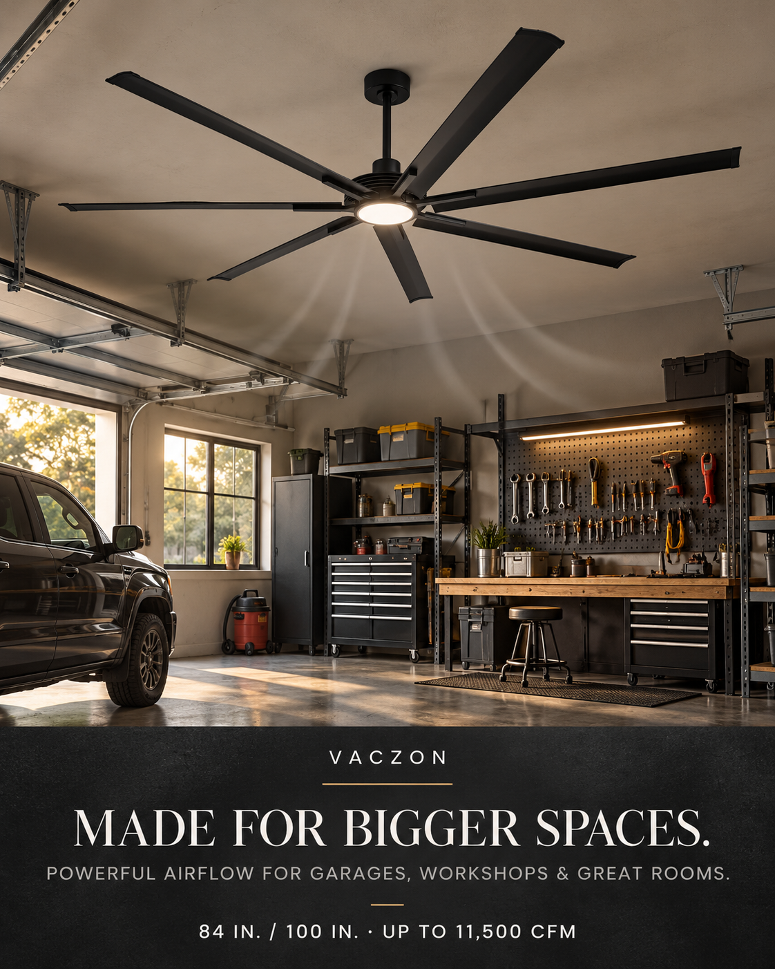 84 Inch 100 Inch Padus Black Large Size Ceiling Fan with Dimmable Lighting and Remote Control