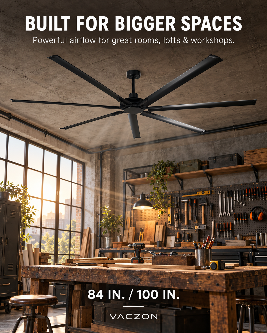 84 Inch 100 Inch Silent Storm Extra Large Ceiling Fan with Remote Control