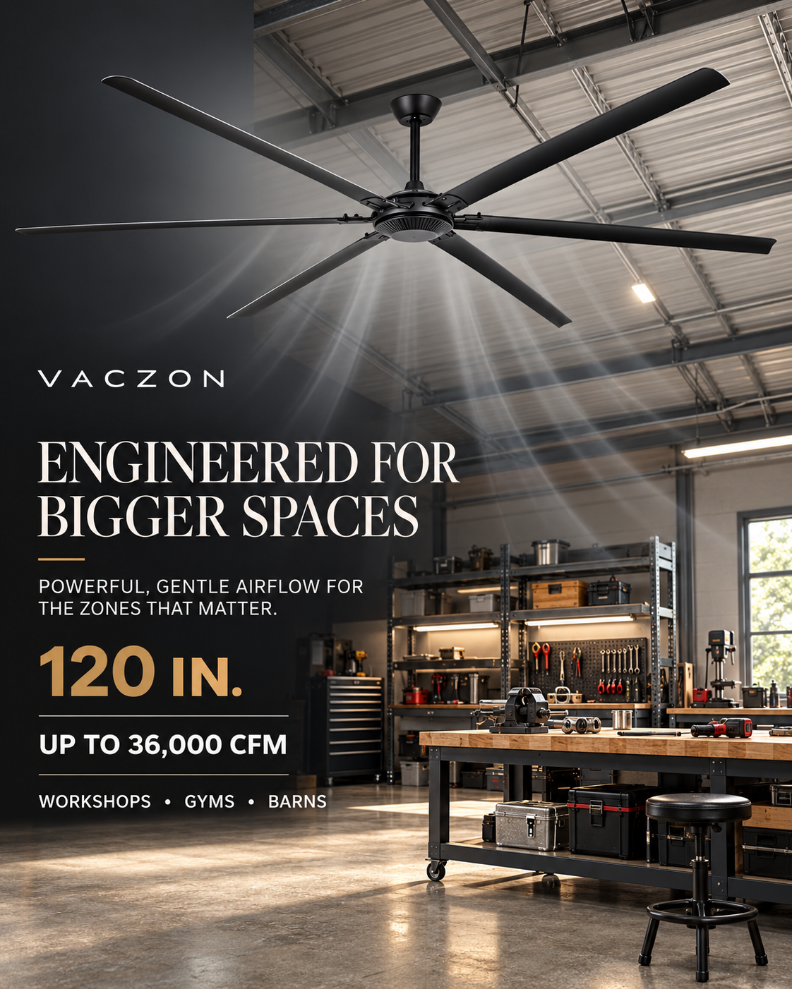 120 Inch Jupiter Industrial Aluminum Extra Large HVLS Ceiling Fan with Remote Control