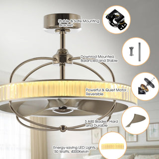 27" Industrial DC Motor Brushed Nickel Downrod Mount Reversible Crystal Ceiling Fan with Lighting and Remote Control - Vaczon