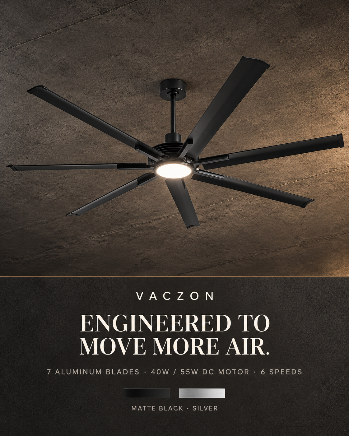 84 Inch 100 Inch Padus Black Large Size Ceiling Fan with Dimmable Lighting and Remote Control
