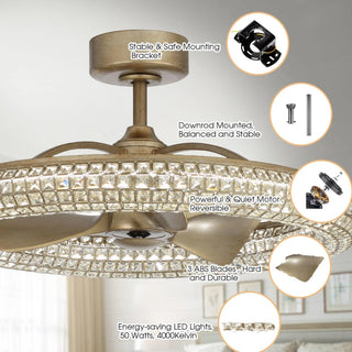 33" Modern DC Motor Crystal Ceiling Fan with Lighting and Remote Control - Vaczon