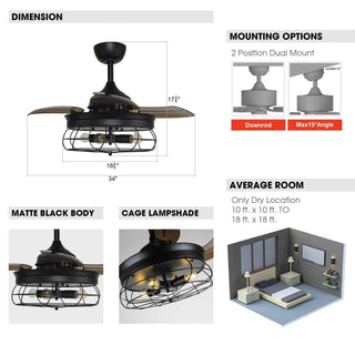 36" Benally Industrial Downrod Mount Ceiling Fan with Lighting and Remote Control - Vaczon
