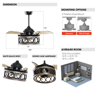 36" Mirelle Farmhouse Downrod Mount Ceiling Fan with Lighting and Wall Control - Vaczon