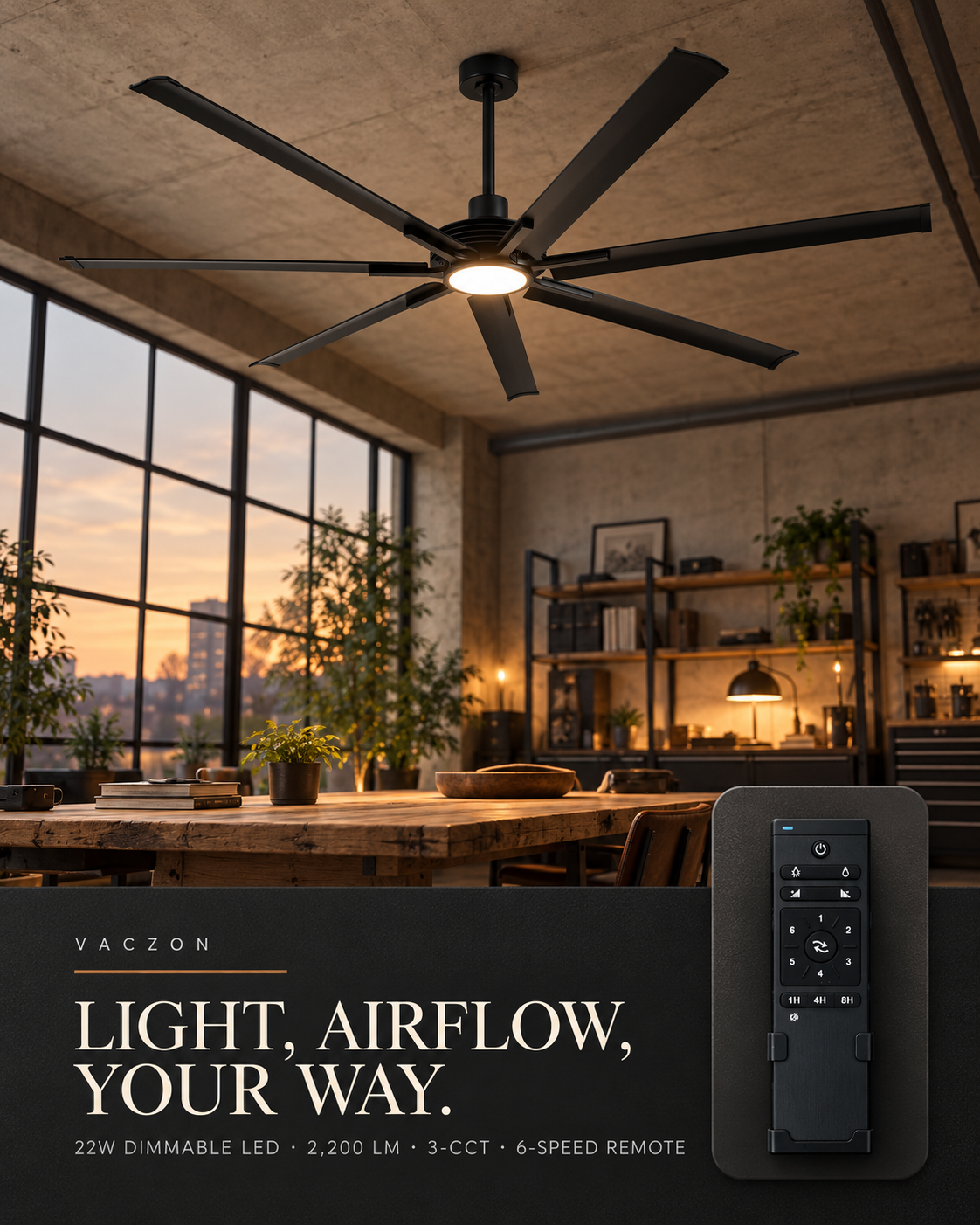 84 Inch 100 Inch Padus Black Large Size Ceiling Fan with Dimmable Lighting and Remote Control