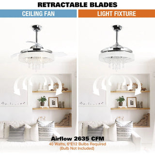 42" Modern Chrome Downrod Mount Crystal Ceiling Fan with Lighting and Remote Control - Vaczon