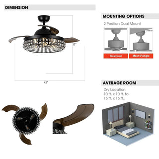 42" Modern Downrod Mount Crystal Ceiling Fan with Lighting and Remote Control - Vaczon