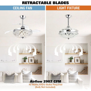 42" Servantes Modern Chrome Downrod Mount Crystal Ceiling Fan with Lighting and Remote Control - Vaczon