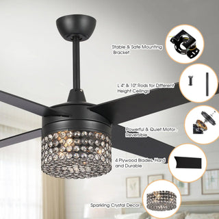 48" Pune Modern Downrod Mount Reversible Crystal Ceiling Fan with Lighting and Remote Control - Vaczon