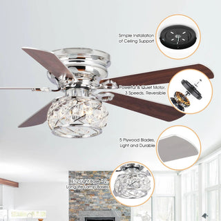 48" Modern Chrome Flush Mount Reversible Crystal Ceiling Fan with Lighting and Remote Control - Vaczon