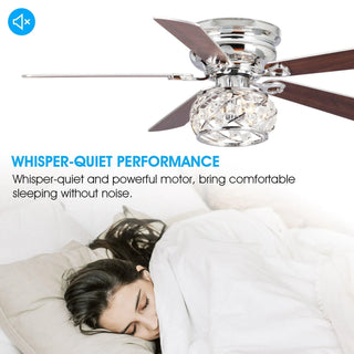 48" Modern Chrome Flush Mount Reversible Crystal Ceiling Fan with Lighting and Remote Control - Vaczon