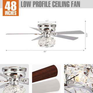 48" Modern Chrome Flush Mount Reversible Crystal Ceiling Fan with Lighting and Remote Control - Vaczon
