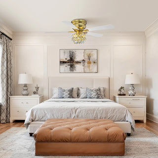 Vaczon 48" Soft Brass Crystal Ornament Flush Mount Ceiling Fan with Light and Remote Control