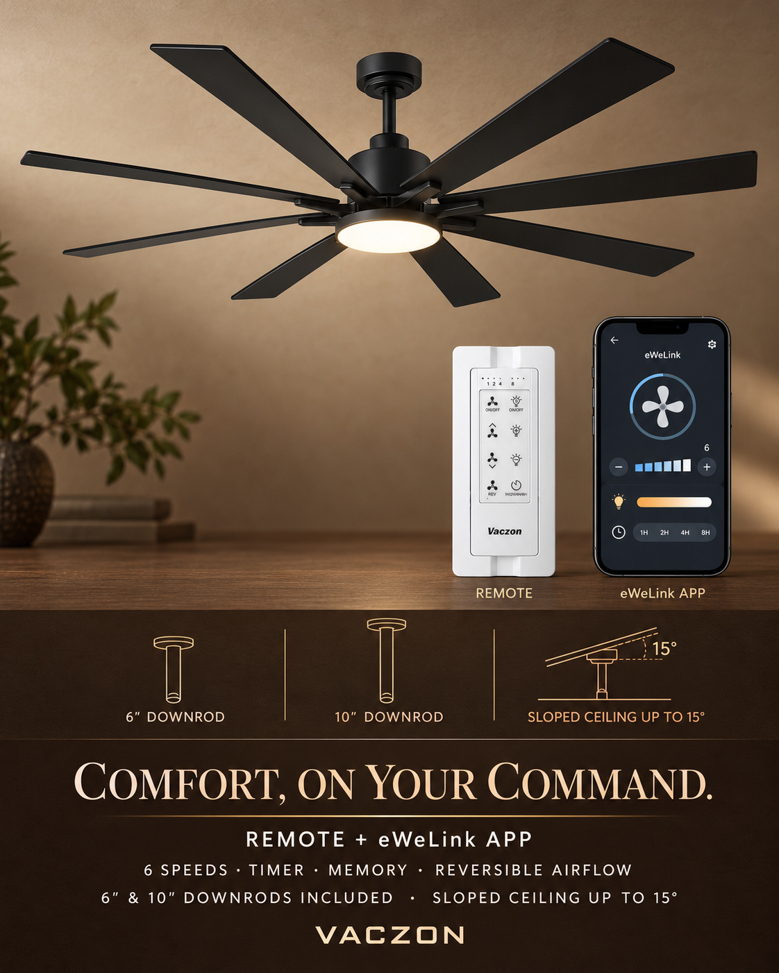 Vaczon 72" Elbe Modern Downrod Mount Ceiling Fan with Light and Remote Control