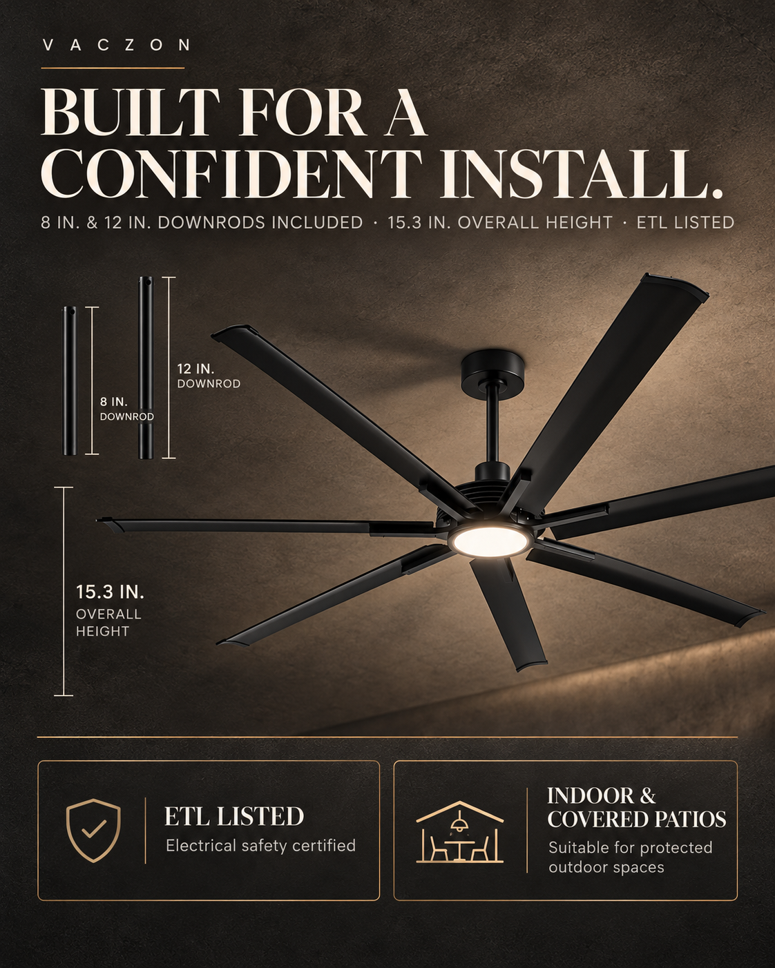 84 Inch 100 Inch Padus Black Large Size Ceiling Fan with Dimmable Lighting and Remote Control