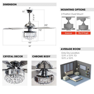 52" Elkton Modern Chrome Downrod Mount Reversible Crystal Ceiling Fan with Lighting and Remote Control - Vaczon