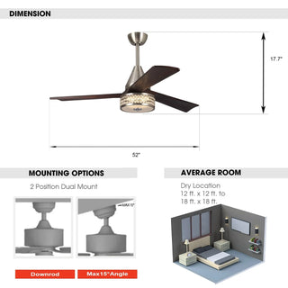 52" Farmhouse Satin Nickel Downrod Mount Reversible Crystal Ceiling Fan with Lighting and Remote Control - Vaczon