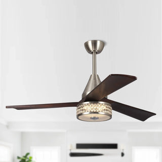 52" Farmhouse Satin Nickel Downrod Mount Reversible Crystal Ceiling Fan with Lighting and Remote Control - Vaczon