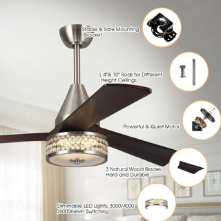 52" Farmhouse Satin Nickel Downrod Mount Reversible Crystal Ceiling Fan with Lighting and Remote Control - Vaczon