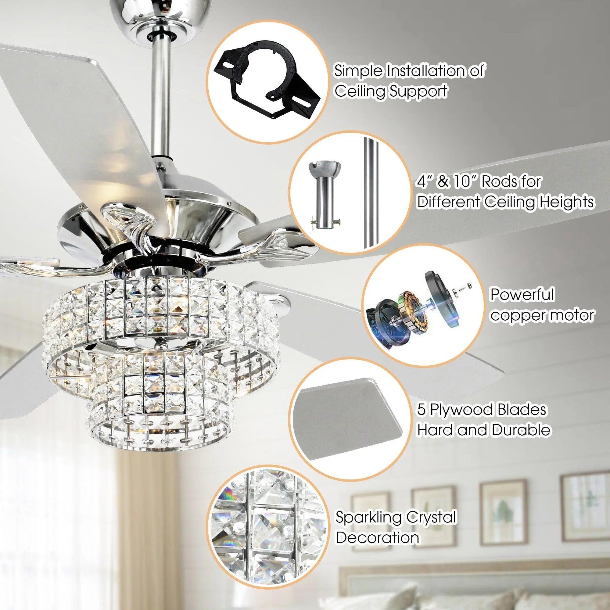 Nowthen 52 Inch Chrome Crystal Ceiling Fan with Remote - Vaczon
