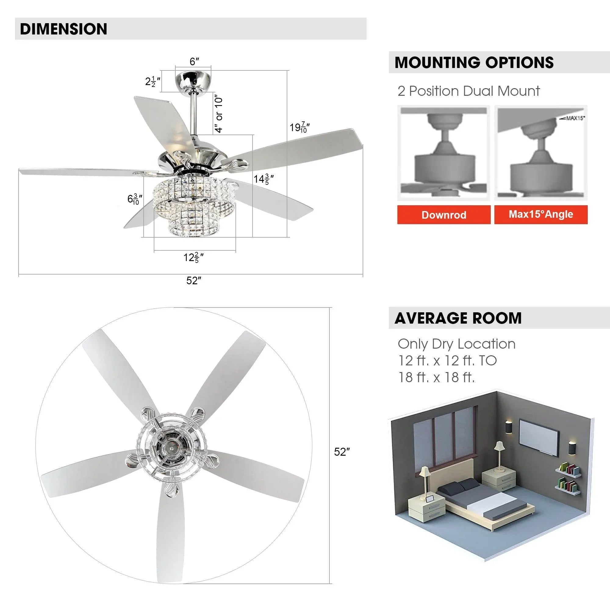 Nowthen 52 Inch Chrome Crystal Ceiling Fan with Remote - Vaczon