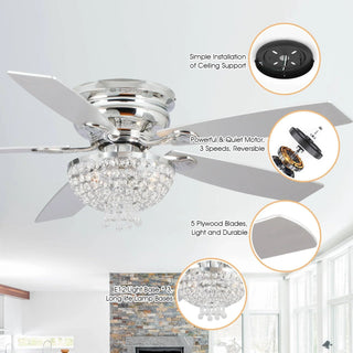 52" Kanpur Modern Chrome Flush Mount Reversible Crystal Ceiling Fan with Lighting and Remote Control - Vaczon