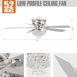 52" Kanpur Modern Chrome Flush Mount Reversible Crystal Ceiling Fan with Lighting and Remote Control - Vaczon