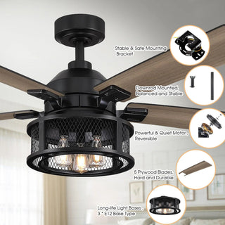 52" Lucknow Industrial Black Reversible Ceiling Fan with Lighting and Remote Control - Vaczon