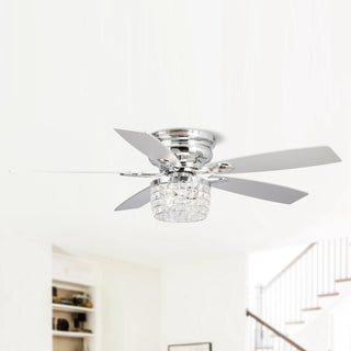 52" Panipat Modern Chrome Flush Mount Reversible Crystal Ceiling Fan with Lighting and Remote Control - Vaczon