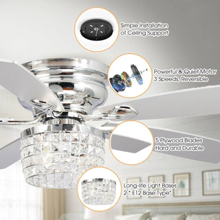 52" Panipat Modern Chrome Flush Mount Reversible Crystal Ceiling Fan with Lighting and Remote Control - Vaczon