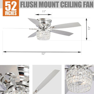 52" Panipat Modern Chrome Flush Mount Reversible Crystal Ceiling Fan with Lighting and Remote Control - Vaczon