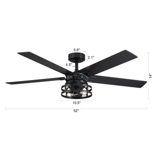 52" Prayag Industrial Black Downrod Mount Reversible Ceiling Fan with Lighting and Remote Control - Vaczon
