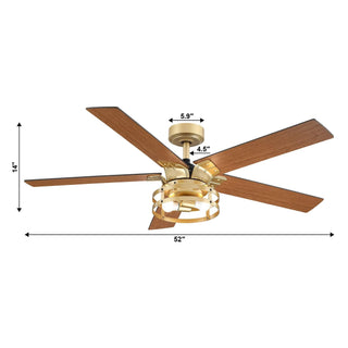 52" Prayag Industrial Golden Downrod Mount Reversible Ceiling Fan with Lighting and Remote Control - Vaczon