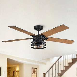 52" Prayag Industrial Black Downrod Mount Reversible Ceiling Fan with Lighting and Remote Control - Vaczon