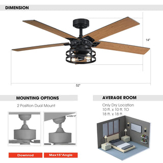 52" Prayag Industrial Black Downrod Mount Reversible Ceiling Fan with Lighting and Remote Control - Vaczon