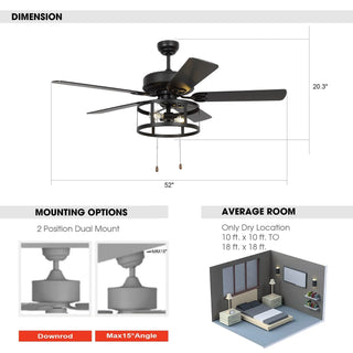 52" Urbana Downrod Mount Reversible Industrial Ceiling Fan with Lighting and Pull Chain - Vaczon