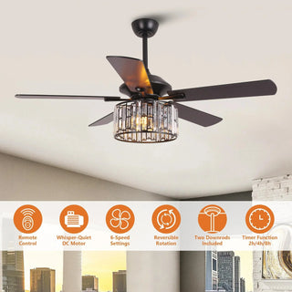Vaczon 52" Dicken Modern Downrod Mount Reversible Crystal Ceiling Fan With Lighting