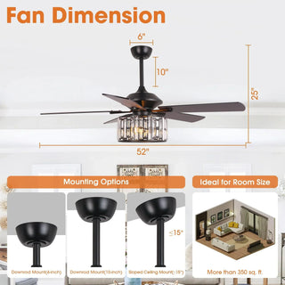 Vaczon 52" Dicken Modern Downrod Mount Reversible Crystal Ceiling Fan With Lighting