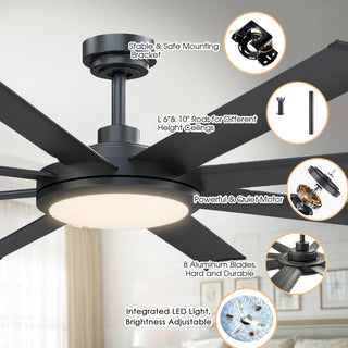 60" Modern DC Motor Downrod Mount Ceiling Fan with Lighting and Remote Control - ParrotUncle