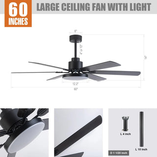 60" Industrial DC Motor Downrod Mount Reversible Ceiling Fan with Lighting and Remote Control - Vaczon