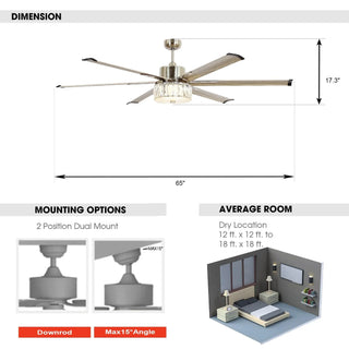 65" Modern Brushed Nickel DC Motor Downrod Mount Reversible Ceiling Fan with Lighting and Remote Control - Vaczon