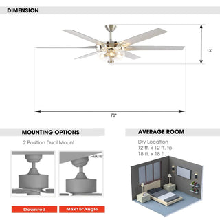 70" Modern Brushed Nickel DC Motor Downrod Mount Ceiling Fan with Lighting and Remote Control - Vaczon