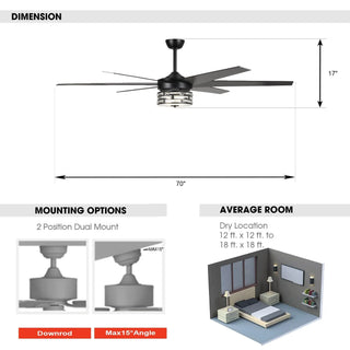 70" Modern DC Motor Downrod Mount Reversible Ceiling Fan with Lighting and Remote Control - Vaczon